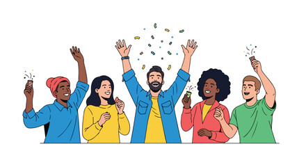 Multicultural group joyfully celebrating with confetti and party poppers against a white background showcasing unity
