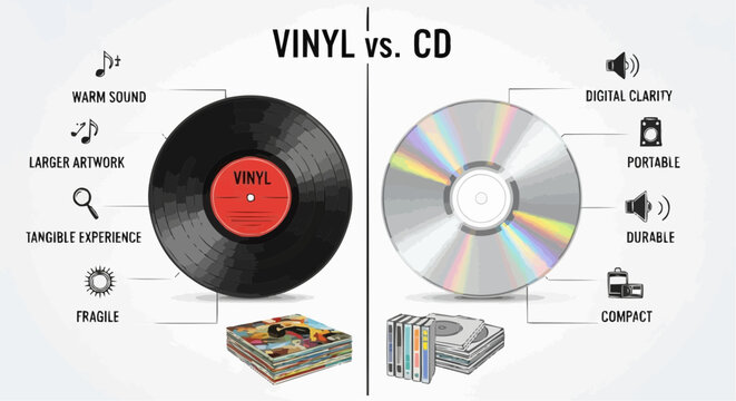 Comparison infographic illustrating the differences between vinyl records and cds, highlighting aspects like sound quality, artwork, user experience, and format compactness