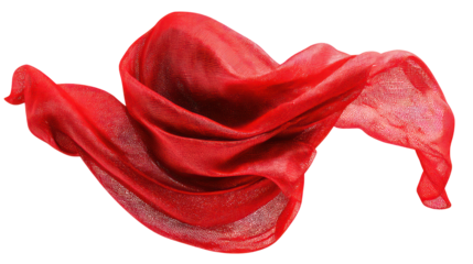 Flowing red fabric with intricate pattern isolated on transparent background