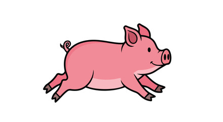Cheerful cartoon depiction of a pink pig dynamically running with black outlines on a white background depicting lightheartedness and movement