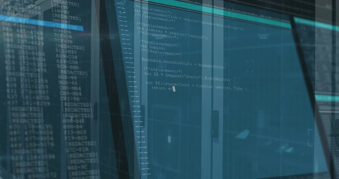Panel fading into view, displaying scrolling JavaScript code over server racks for monitoring