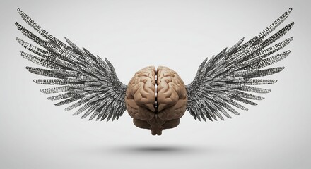 A brain with wings showing a brain with wings made of binary code, artificial intelligence creativity, on white