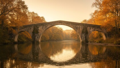 Arched Bridge Above the River During Autumn Season