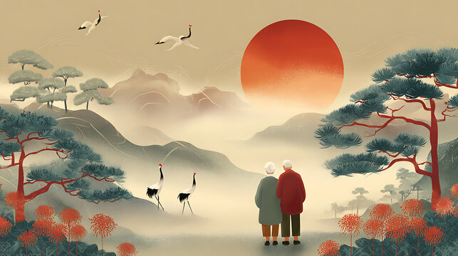 An elderly couple climbing mountains in autumn,Chinese Double ninth festival greeting banner,
