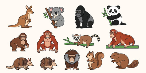 Collection of cartoon wild animal icons including kangaroo, panda, monkeys, gorilla, lemur, squirrel, koala, and armadillo.