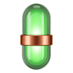 Shiny green capsule pill with metallic band, futuristic medical and pharmaceutical vector design.