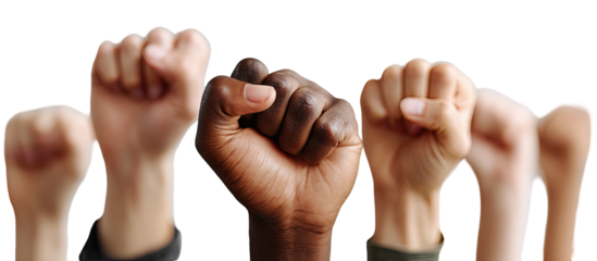 Diverse hands in clenched fists, a symbol of unity and protest