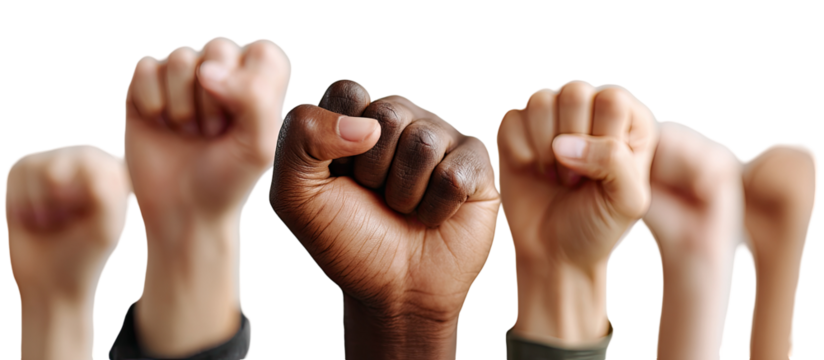 Diverse hands in clenched fists, a symbol of unity and protest