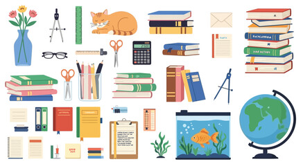 Books, stationery, globe, aquarium, clock, and office supplies arranged neatly for study, education, and productivity illustration.