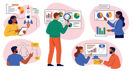 Business people characters working in the office. Co-working space, Business concepts of analytics, planning, marketing research, work communication, goal settings. Flat vector illustrations