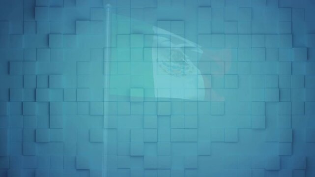 Breeze starting tricolor flag with emblem billowing and swaying while blue cube grid pulsating