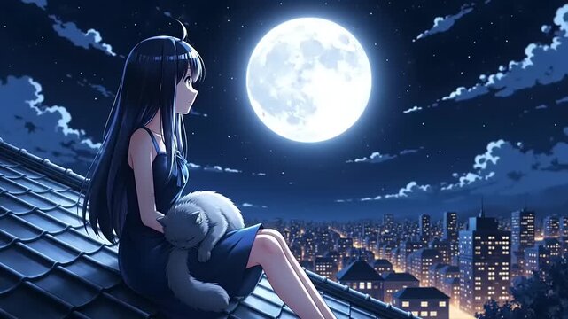Anime girl cuddling with her grey cat on a rooftop