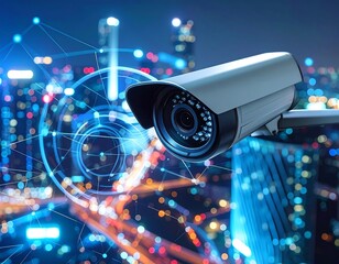 Surveillance camera overlooking a vibrant city at night