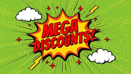 Dynamic pop art design with a comic book explosion, clouds, and lightning. Ideal for announcing discounts, sales, or promotions in a vibrant, lucid style