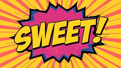 Vibrant retro pop art illustration featuring the expression Sweet! on a dynamic sunburst background with halftone effects