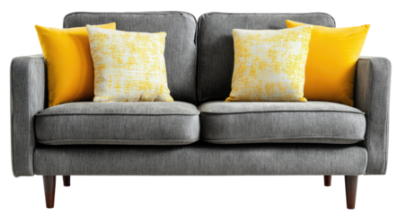 Gray sofa with yellow throw pillows.  A two-seater sofa in a muted gray fabric.  Three throw pillows in yellow/gold; one patterned, the others plain.  Wooden legs.  Front view