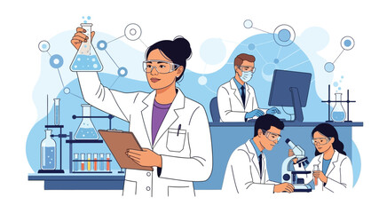 A team of diverse scientists work in a laboratory, conducting experiments and research.