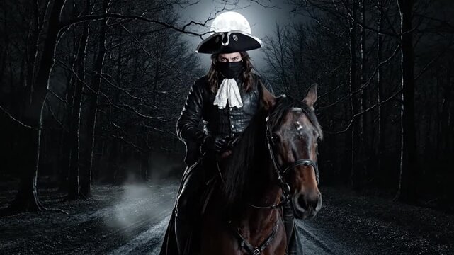 Dramatic mysterious masked horseman in tricorn hat riding through a dark eerie forest under a full moon at night evoking historical suspense and gothic fantasy