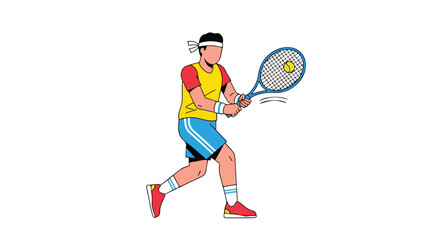Cartoon illustration depicting a tennis player in dynamic action pose ready to strike the ball powerfully in a match setting