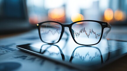 A pair of glasses reflects stock market graphs on a tablet, symbolizing focus on financial analysis and data interpretation.