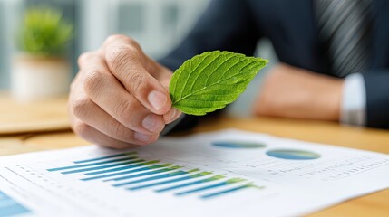 A business professional holds a green leaf over a report featuring graphs, symbolizing sustainability and eco-friendly practices in the workplace.