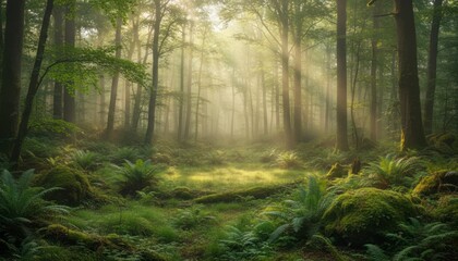 Obraz premium Forest with Sun Rays Shining Through Trees