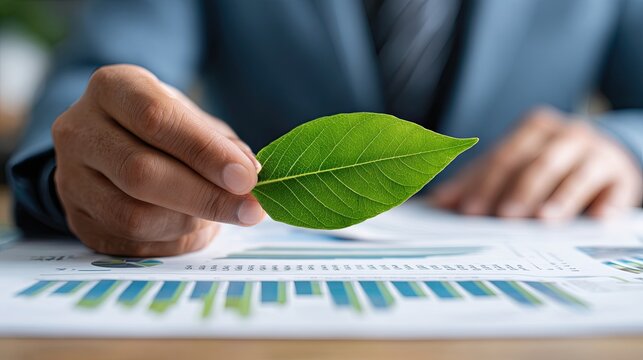 A business professional holds a green leaf, symbolizing sustainability, over a report of growth charts, highlighting the intersection of nature and corporate responsibility. - Powered by Adobe