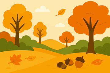 Flat vector illustration of an autumn landscape with hills and trees