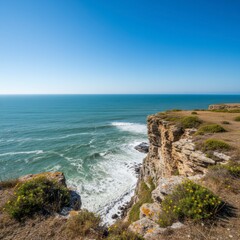 Fototapeta premium Ocean Cliff Landscape with Waves and Blue Sky