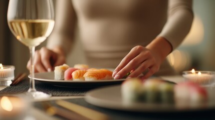 A woman is eating sushi and drinking wine