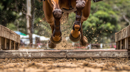 Dynamic Equine Agility Featuring a Horse Leaping Over a Wooden Obstacle Course
