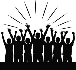 Excited crowd cheering with raised hands silhouette