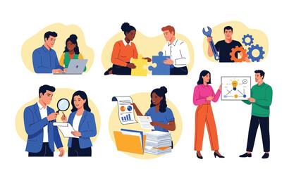 Business people characters working in the office. Co-working space, Business concepts of analytics, planning, marketing research, work communication, goal settings. Flat vector illustrations