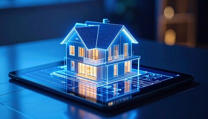 A glowing, wireframe house model sits atop a tablet, illuminated in blue light, suggesting a futuristic design concept
