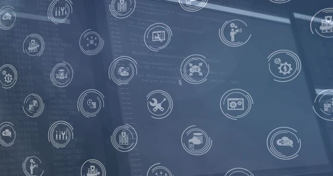 Camera panning revealing monitors scrolling code behind floating tech icons for interface demo
