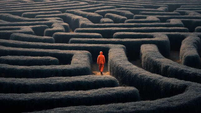 Person in maze, lost and alone, autumn light above, symbol of fear and being the odd one out.
