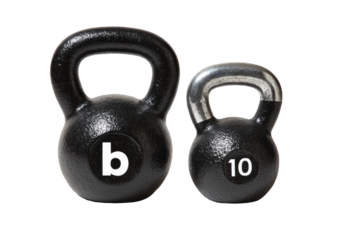 Two kettlebells, varying sizes, black with white lettering