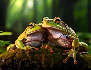 Naklejka premium Two frogs in a lush forest