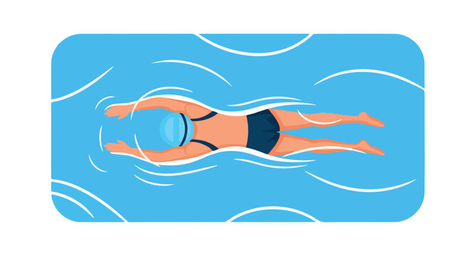 Illustration displaying a swimmer demonstrating the butterfly stroke in the aqua colored water under the bright daylight, a representation of
