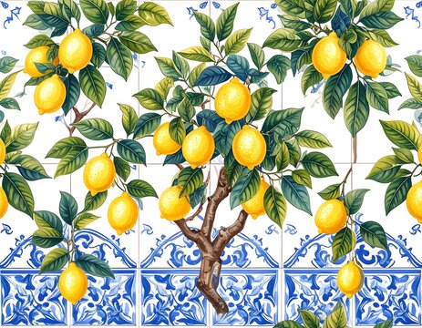 Vibrant lemon trees on a tiled background