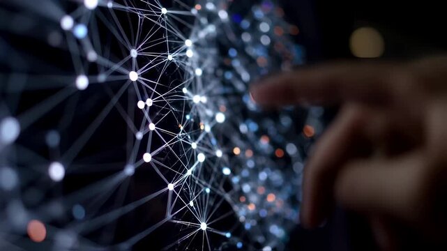 Medium shot of distributed network nodes on a screen in crisp detail with outoffocus hands typing nearby showcasing decentralized system architecture.