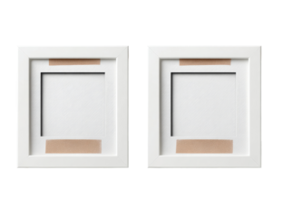 Two identical white picture frames, square,  with beige tape