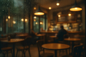A cozy, rainy cafe with fogged windows and warm interior lights, inviting a peaceful, calm ambiance for individuals seeking comfort in a coffee shop.