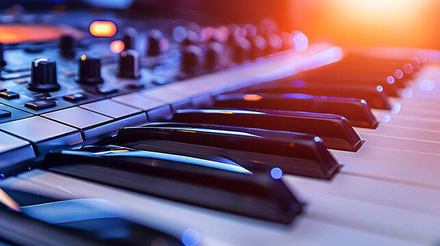 Close-up of a keyboard synthesizer with illuminated keys and control knobs under colorful stage lighting