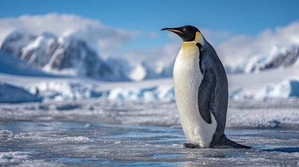 Fototapeta premium An Emperor penguin stands on icy ground, mountains in the background, a clear blue sky above