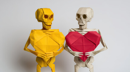 Two origami skeletons holding colorful heart shapes, symbolizing love and creativity in a playful, artistic display.