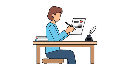 Illustration of a person writing a letter with a heart, books and inkwell on a wooden desk at home sending love and good wishes to a special someone