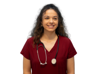 Friendly female healthcare professional in burgundy scrubs, wearing stethoscope, beaming with confidence against clean white background