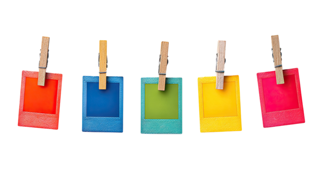 Four colorful instant photo frames, each attached to a wooden clothespin
