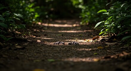 Quiet Forest Path Surrounded by Green Foliage in Natural Light